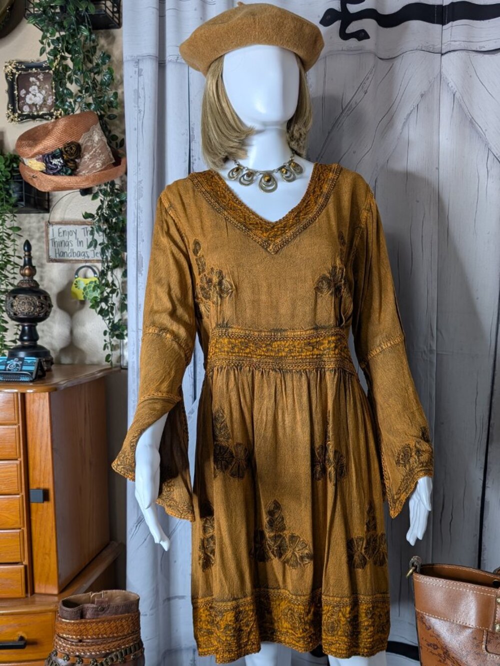Agan Traders Old Gold Empire Slit Cuff Knee Length Dress LARGE NWOT